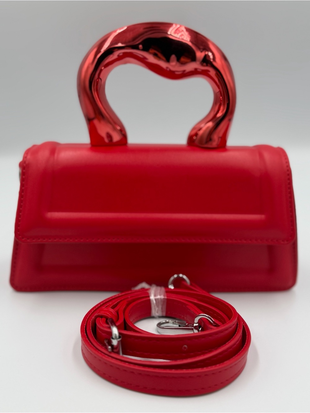 Sculpted Red Mini Crossbody Top-Handle Bag with Detachable Strap